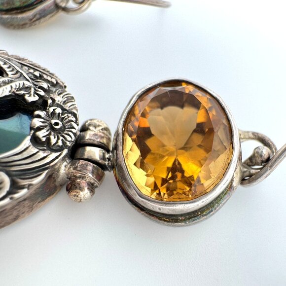 Citrine Mop Shell Sterling Silver Bird Floral Earrings Gemstone Drops 18 Grams - Picture 3 of 11